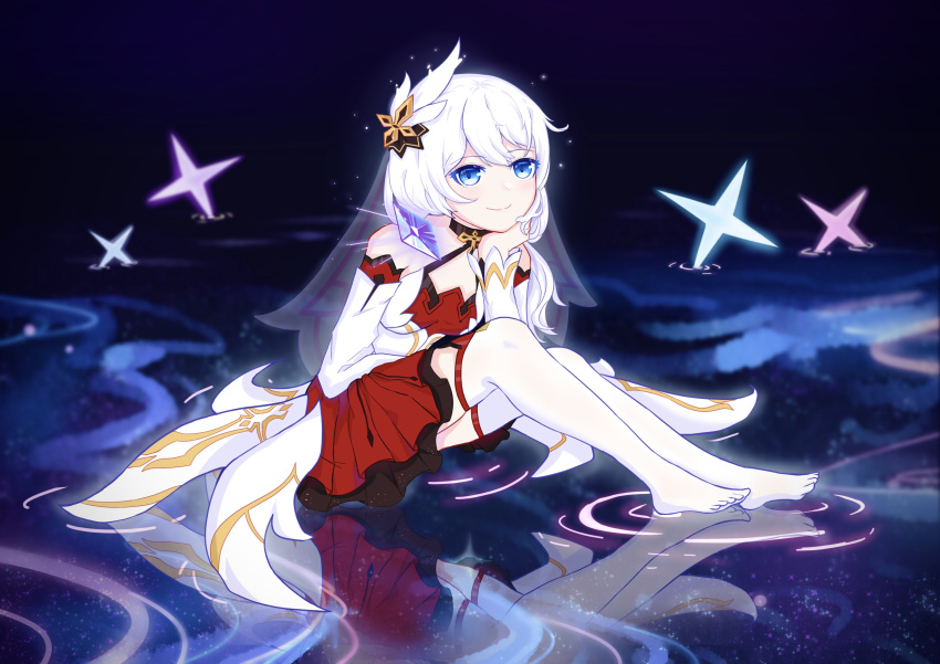 1girl absurdres bare_shoulders blue_eyes bpff closed_mouth full_body hair_ornament hand_on_own_chin highres honkai_(series) honkai_impact_3rd looking_at_viewer night night_sky outdoors sitting sitting_on_water sky smile solo star_(sky) star_(symbol) theresa_apocalypse theresa_apocalypse_(celestial_hymn) thigh-highs toes veil water white_hair white_legwear white_sleeves