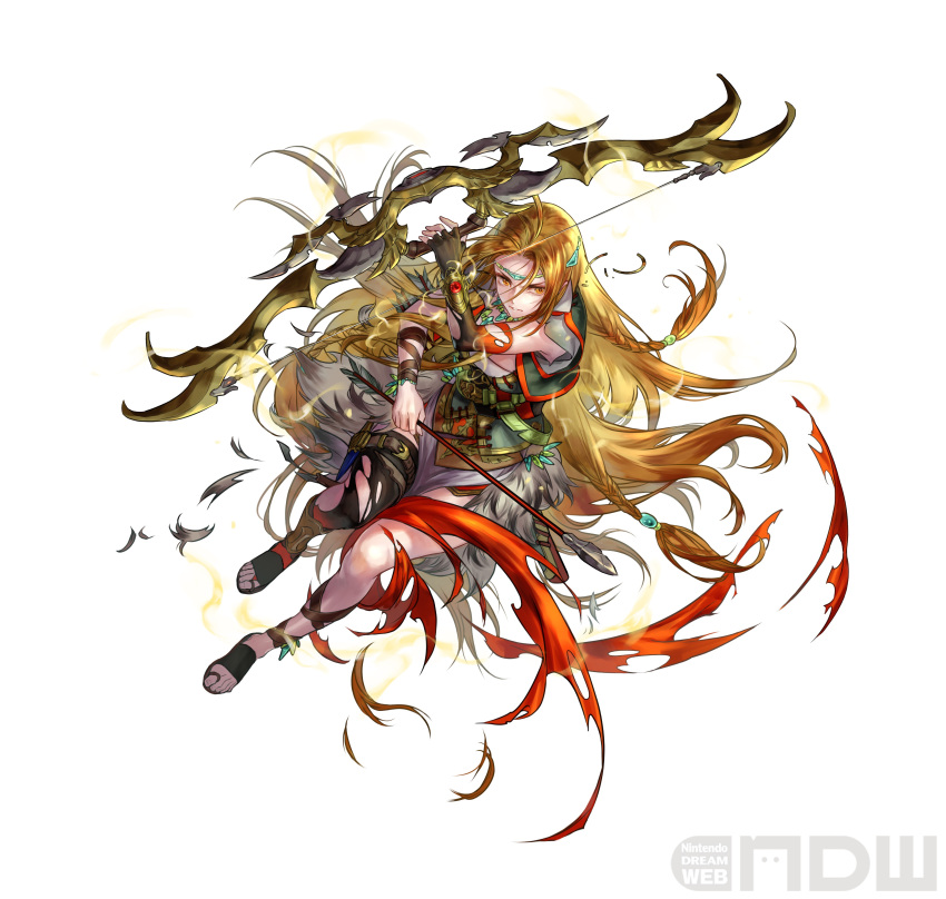 1girl absurdres arrow_(projectile) blonde_hair bow_(weapon) braid circlet damaged earrings fingerless_gloves fire_emblem fire_emblem:_genealogy_of_the_holy_war fire_emblem_heroes full_body fur_trim gladiator_sandals gloves hand_up highres holding holding_bow_(weapon) holding_weapon hoop_earrings jewelry long_hair necklace official_art sandals shiny simple_background single_thighhigh suzuki_rika thigh-highs thighs toeless_footwear torn_clothes ullr_(fire_emblem) very_long_hair weapon white_background yellow_eyes yewfelle_(fire_emblem)