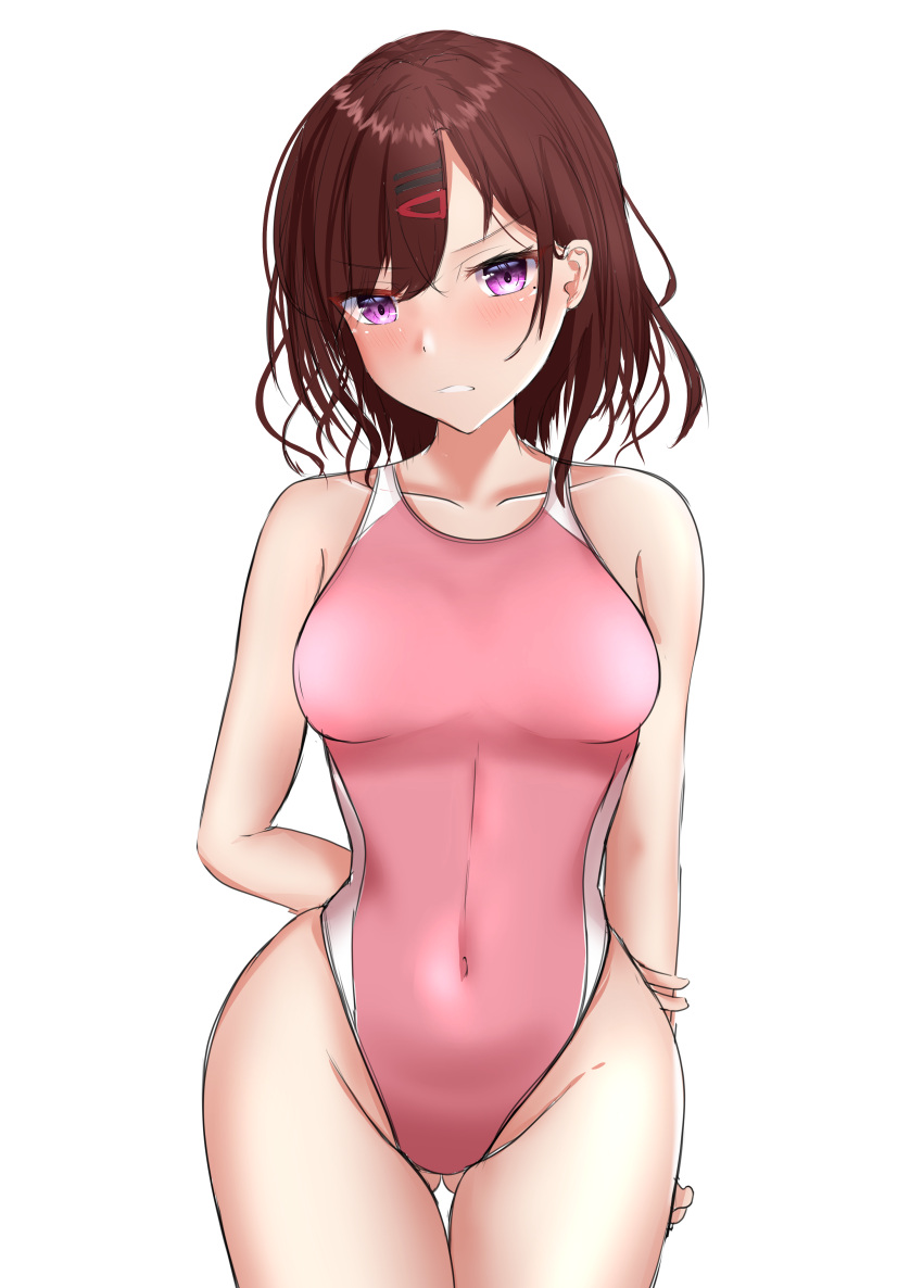 1girl absurdres arms_behind_back ass_visible_through_thighs blush breasts brown_hair collarbone competition_swimsuit covered_navel cowboy_shot groin hair_ornament hairclip hibika highleg highleg_swimsuit highres higuchi_madoka idolmaster idolmaster_shiny_colors medium_breasts mole mole_under_eye nose_blush one-piece_swimsuit pink_swimsuit short_hair simple_background solo standing swimsuit violet_eyes white_background wide_hips