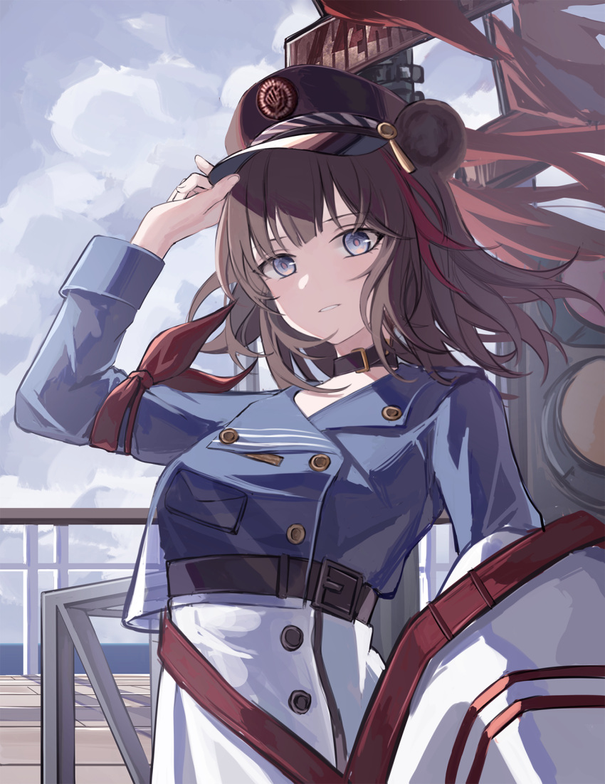 1girl adjusting_clothes adjusting_headwear animal_ears arknights armband bear_ears belt blue_eyes brown_hair choker hat highres military_hat official_alternate_costume railing skirt white_skirt woodsbench zima_(arknights) zima_(ready_to_go)_(arknights)