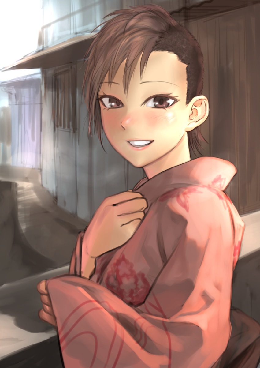 1girl asymmetrical_hair blush brown_eyes brown_hair buzz_cut from_side highres japanese_clothes kilye_kairi kimono long_sleeves looking_at_viewer original outdoors pink_kimono short_hair sleeves_past_wrists smile solo upper_body very_short_hair wide_sleeves