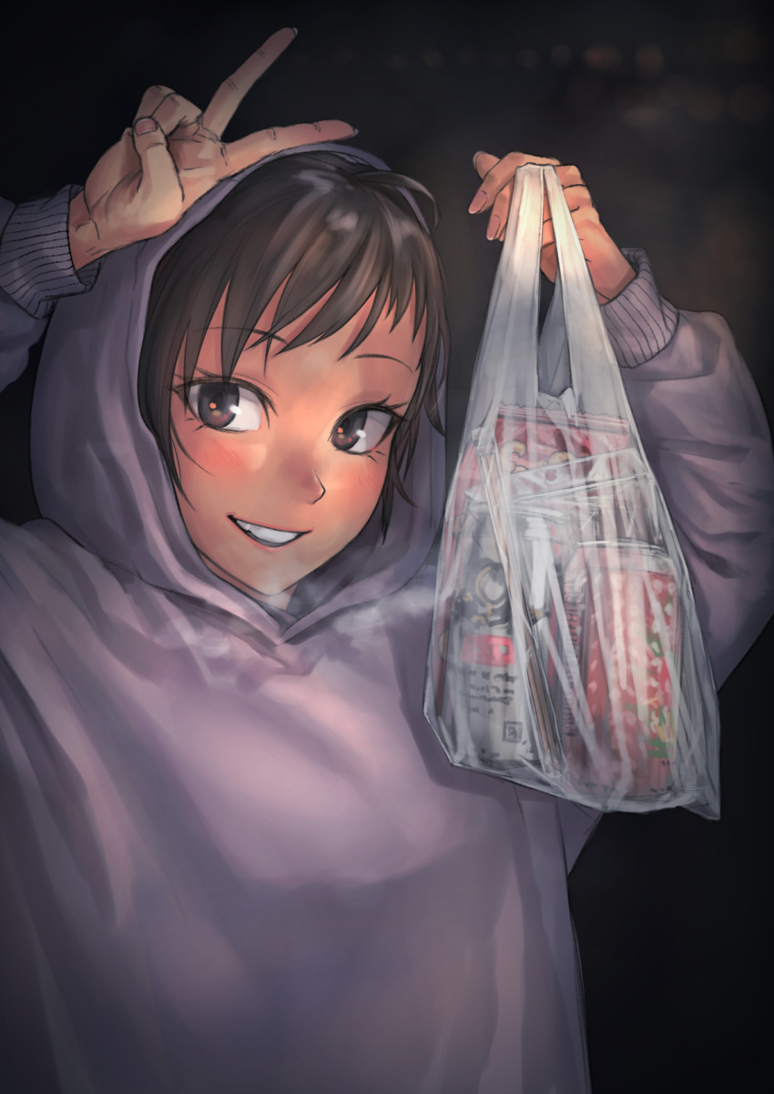 1girl bag black_background brown_eyes brown_hair can fingernails highres holding holding_bag hood hood_up hoodie kilye_kairi long_sleeves looking_at_viewer nail_polish original plastic_bag purple_hoodie short_hair smile solo upper_body v