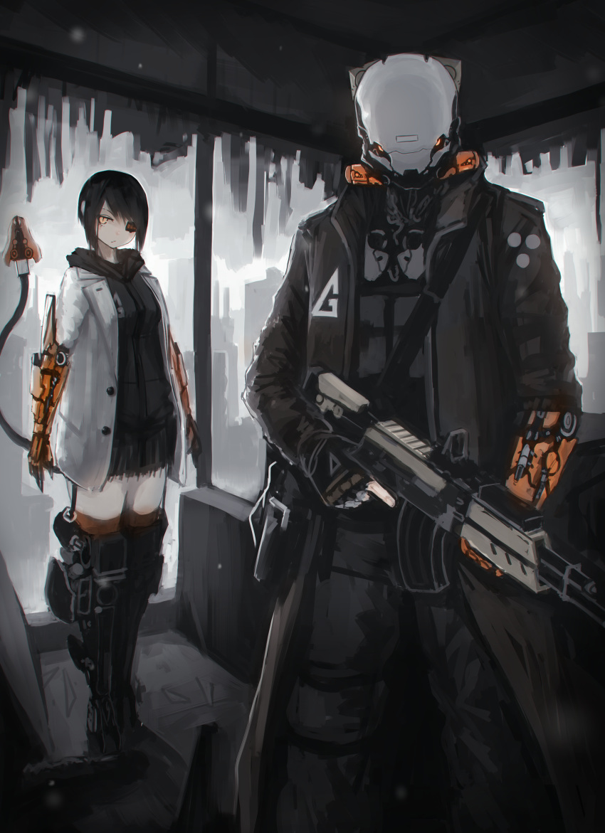 1boy 1girl absurdres black_hair cyborg gun highres hood hoodie mecha_musume mihato_senba one_eye_covered orange_eyes original short_hair sumi_elias weapon