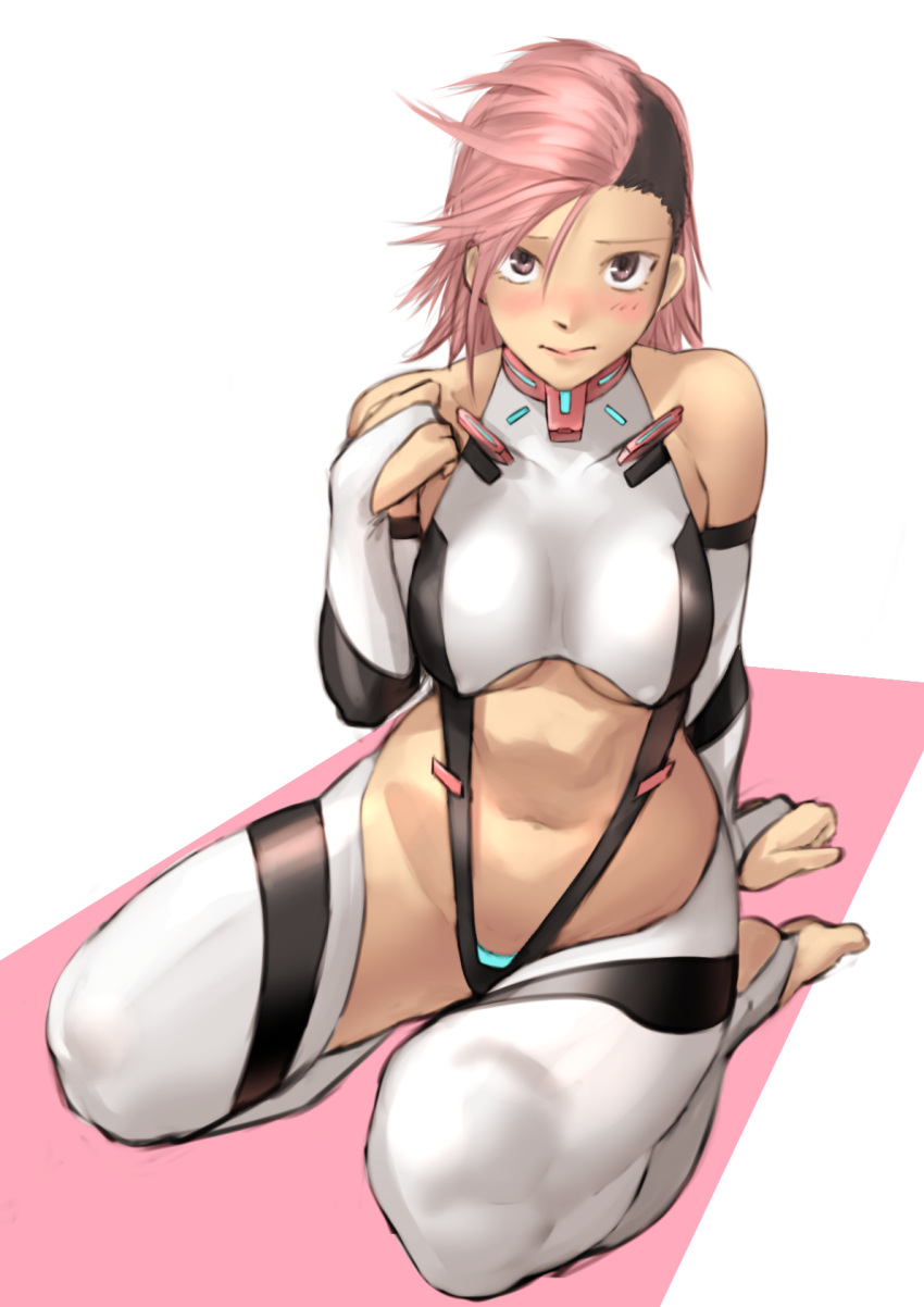 1girl bare_shoulders blush breasts brown_eyes buzz_cut closed_mouth commentary_request hand_up highleg highres kilye_kairi large_breasts looking_at_viewer navel original pink_hair seiza short_hair sitting solo tagme under_boob very_short_hair white_background