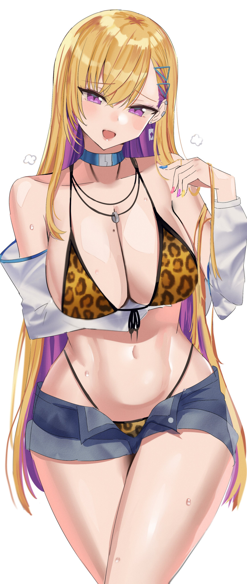 1girl absurdres animal_print blonde_hair blue_choker blue_shorts breasts choker colored_inner_hair commentary_request earrings eyebrows_visible_through_hair hair_ornament hanasaka_houcha highres jewelry large_breasts last_origin leopard_print long_hair looking_at_viewer mole mole_on_breast multicolored_hair navel open_mouth purple_hair shorts simple_background smile solo sweat thighs two-tone_hair unbuttoned_shorts violet_eyes white_background