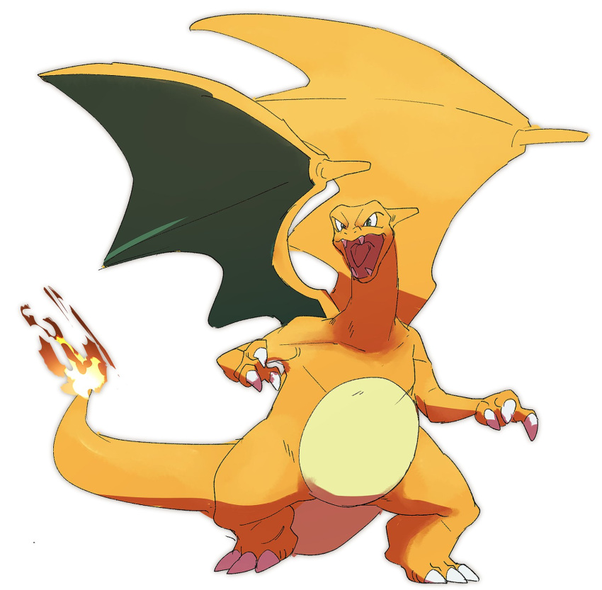 charizard claws commentary_request fangs fire flame full_body gen_1_pokemon green_eyes highres legs_apart morio_(poke_orio) no_humans open_mouth pokemon pokemon_(creature) solo standing tongue