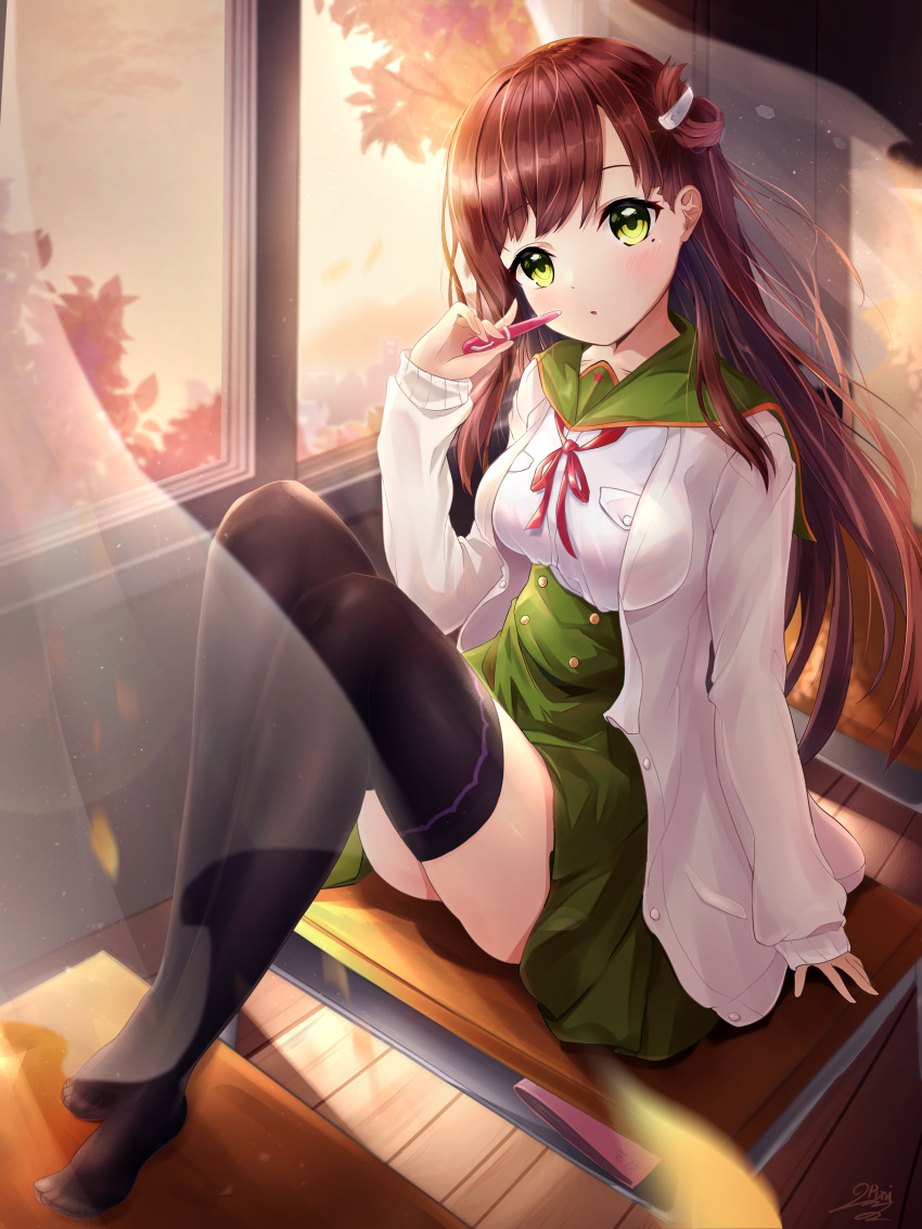 1girl absurdres breasts brown_hair classroom curtains desk gakkou_gurashi! highres holding holding_pen huge_filesize large_breasts long_hair long_sleeves neck_ribbon no_shoes on_desk pen punimon_(user_ymmd3824) ribbon school_uniform sitting sitting_on_desk solo sweater thigh-highs thighs tree wakasa_yuuri white_sweater window yellow_eyes