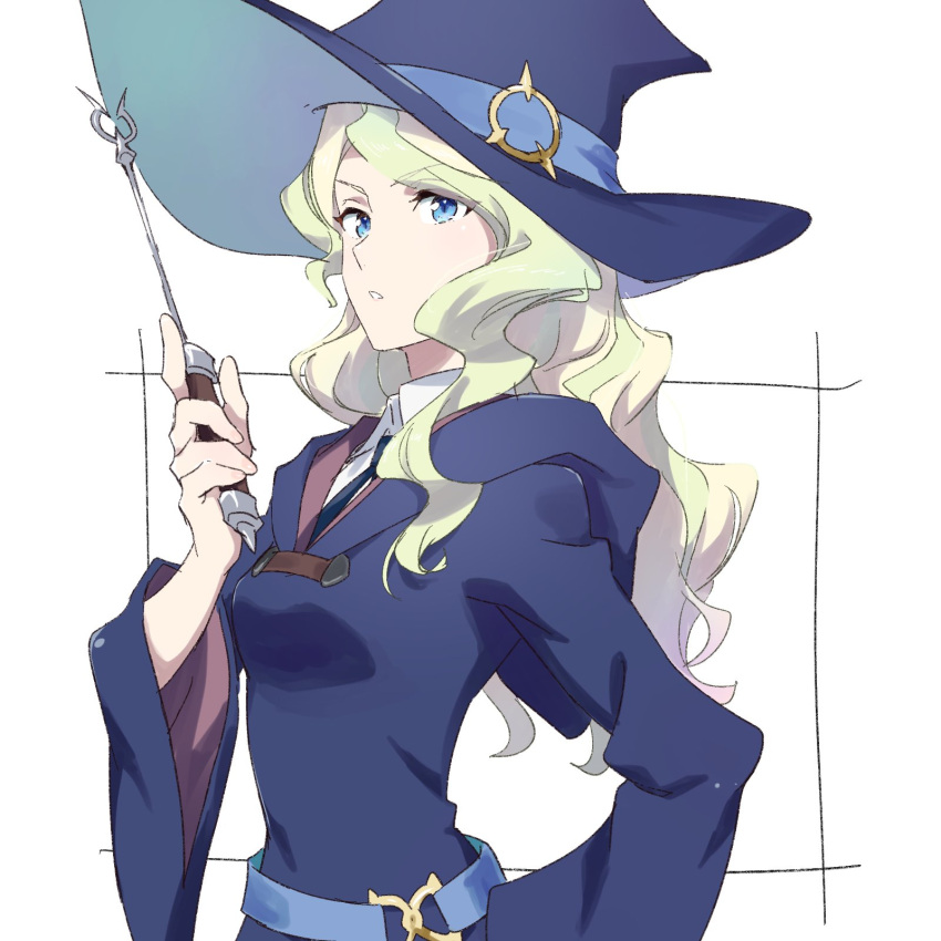 1girl bangs black_neckwear blonde_hair blue_eyes blue_headwear blue_robe breasts collared_shirt commentary_request diana_cavendish eyebrows_visible_through_hair green_hair hand_up hat highres holding holding_wand hood hood_down hooded_robe little_witch_academia long_hair long_sleeves looking_away multicolored_hair necktie shirt small_breasts solo streaked_hair tama_(tama-s) upper_body v-shaped_eyebrows wand white_background white_shirt wide_sleeves witch_hat