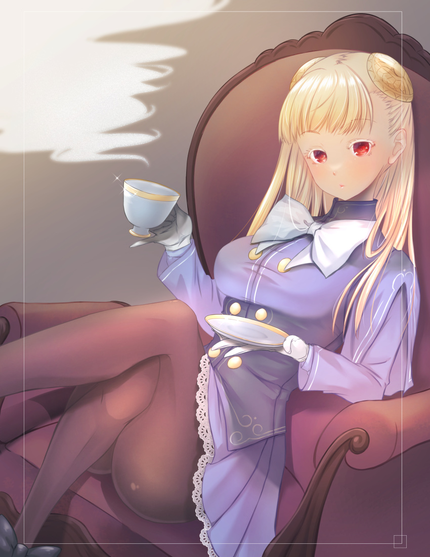 1girl absurdres albino armchair blonde_hair brown_legwear capcom_fighting_jam chair crossed_legs cup gloves hairpods highres ingrid_(capcom) jacket lace-trimmed_skirt lace_trim long_hair pantyhose pondack purple_jacket purple_skirt red_eyes saucer skirt solo sparkle steam teacup white_gloves