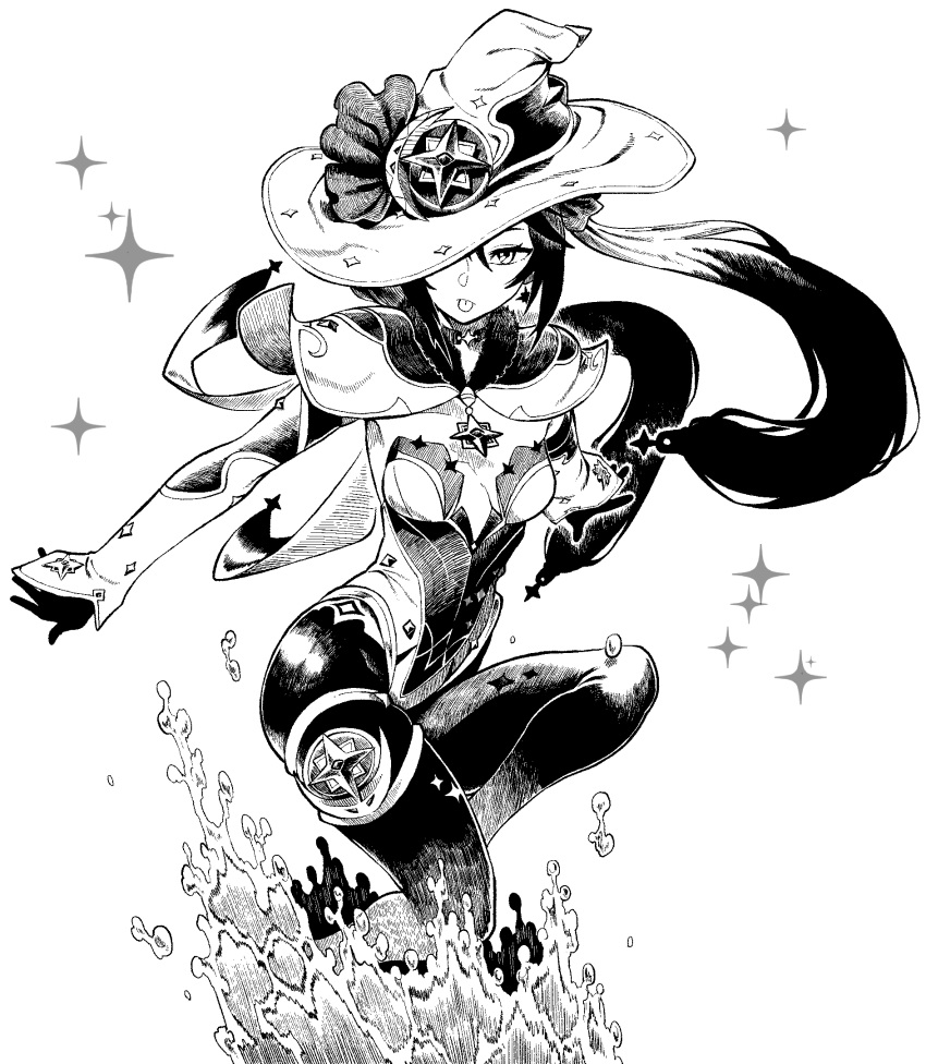 1girl :p breasts earrings genshin_impact gloves greyscale guee_(ebifry_teishoku) hat highres jewelry long_hair looking_at_viewer mona_(genshin_impact) monochrome pantyhose simple_background solo spread_legs tongue tongue_out twintails water white_background witch_hat