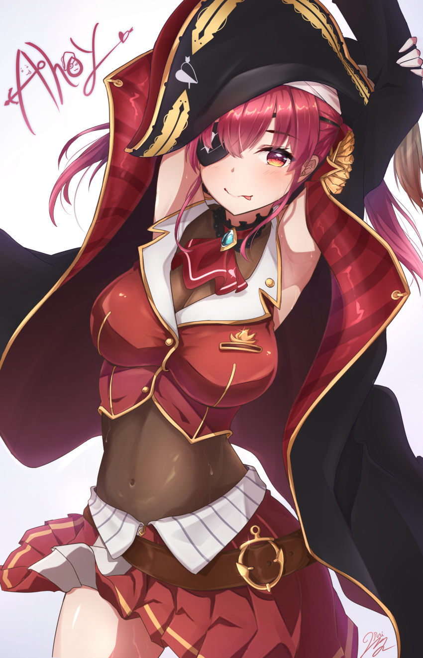 1girl absurdres armpits arms_behind_head belt black_coat breasts coat eyepatch hat highres hololive houshou_marine large_breasts long_hair one_eye_covered pirate pirate_hat punimon_(user_ymmd3824) red_eyes red_neckwear red_skirt redhead skirt stretch tongue tongue_out virtual_youtuber