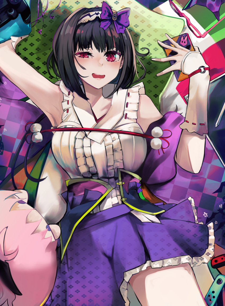 1girl absurdres black_hair bow cellphone commentary_request drawing_tablet eyewear_removed fate/grand_order fate_(series) glasses hair_bow hairband highres holding holding_phone joy-con long_hair lying on_back osakabe-hime_(fate) phone pink_eyes purple_skirt san_(harutuki_3) skirt smartphone