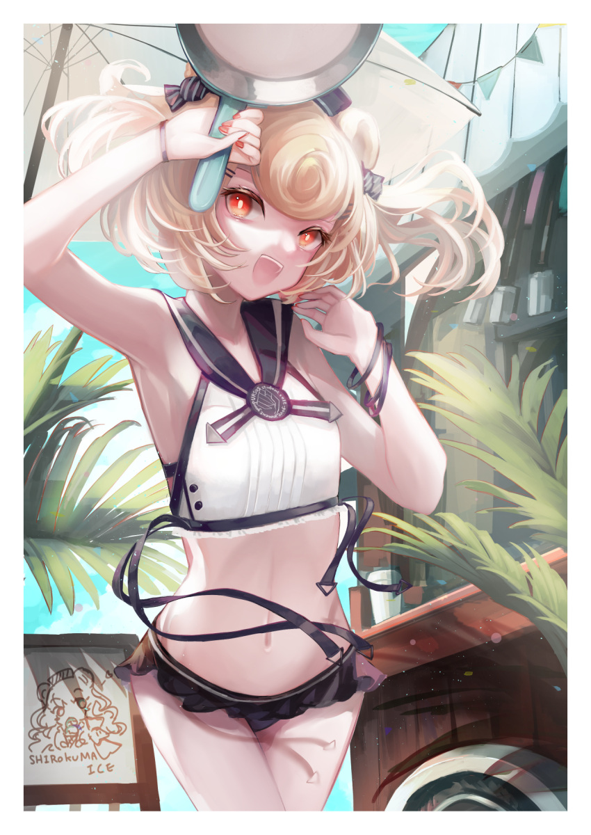 1girl animal_ears arknights bikini bikini_bottom black_swimsuit blonde_hair border cameo candy_hair_ornament commentary_request cowboy_shot fern food-themed_hair_ornament frying_pan gummy_(arknights) gummy_(summer_flowers)_(arknights) hair_ornament hand_up hemorina highres holding holding_frying_pan looking_at_viewer navel official_alternate_costume open_mouth orange_eyes rosa_(arknights) short_hair solo standing stomach swimsuit umbrella white_border white_swimsuit white_umbrella wristband