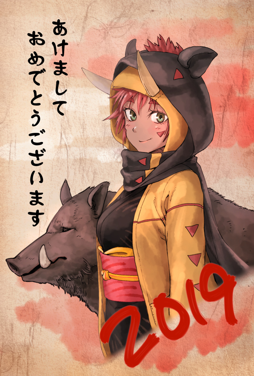 1girl animal_hood black_kimono black_scarf blush boar chinese_zodiac closed_mouth dark-skinned_female dark_skin dated facial_mark from_side green_eyes haori highres hood hood_up horns japanese_clothes kilye_kairi kimono looking_at_viewer nengajou new_year obi original pink_sash redhead sash scarf smile solo upper_body year_of_the_pig