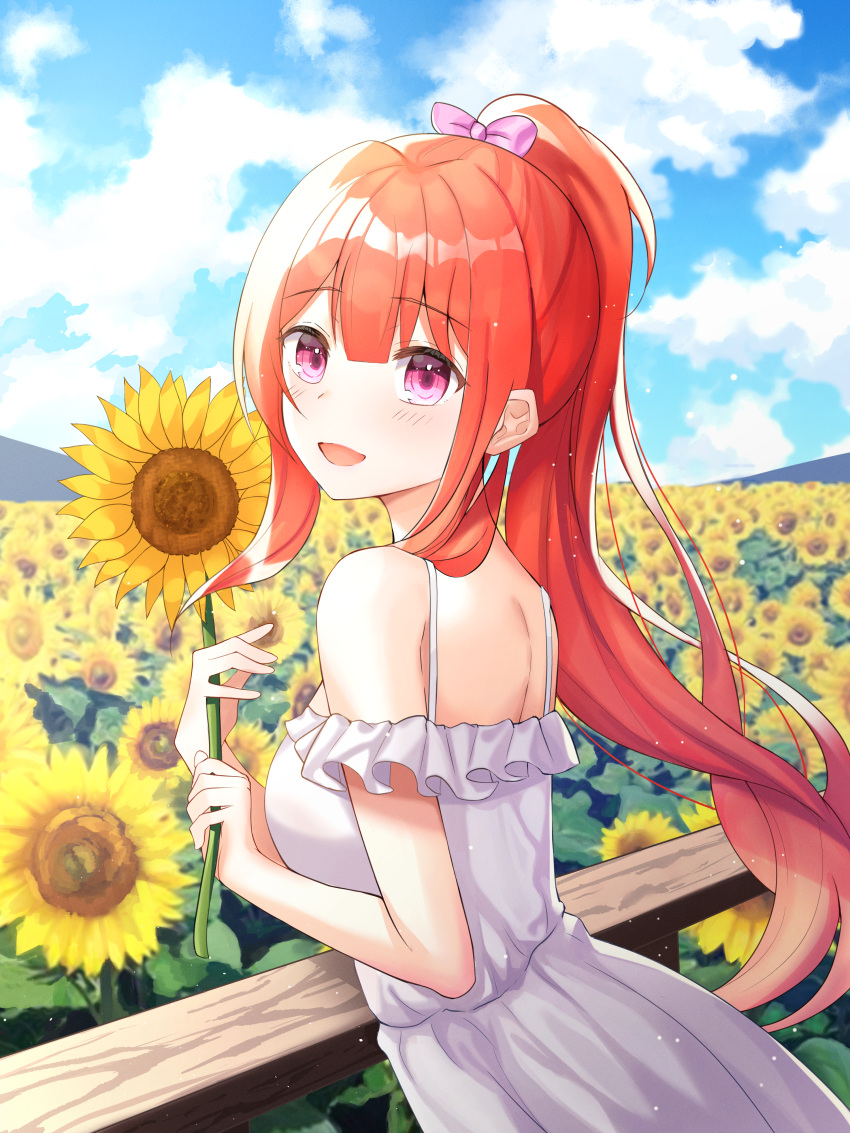 1girl :d absurdres bare_shoulders bow breasts clouds day dress facing_to_the_side fence field flower flower_field hair_bow highres holding holding_flower huge_filesize leaning long_hair looking_at_viewer medium_breasts off-shoulder_dress off_shoulder open_mouth orange_hair original outdoors ponytail ribbon sidelocks silverrain_72 sleeveless smile sundress sunflower symbol_commentary violet_eyes white_dress