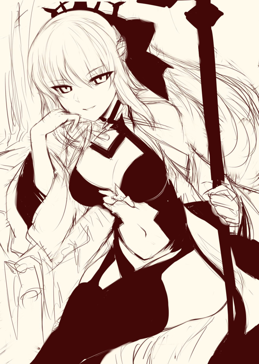 1girl black_ribbon fate/grand_order fate_(series) greyscale head_rest highres looking_at_viewer m-da_s-tarou monochrome morgan_le_fay_(fate) navel ribbon sketch smirk solo staff thigh-highs thighs