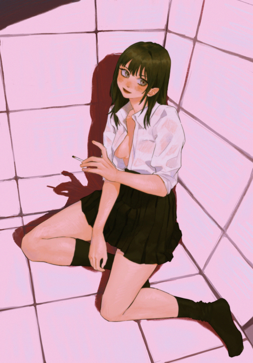 1girl black_legwear black_skirt breasts brown_eyes brown_hair cigarette collared_shirt commentary_request full_body head_tilt highres holding holding_cigarette indoors long_hair multicolored multicolored_eyes no_bra on_floor open_clothes open_shirt orange_eyes original parted_lips pleated_skirt sanshuixi school_uniform see-through_shirt shadow shirt shirt_tucked_in sitting skirt sleeves_rolled_up small_breasts smile smoke socks solo tile_floor tile_wall tiles white_shirt