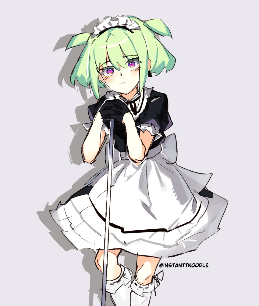 1boy absurdres alternate_costume alternate_hairstyle apron back_bow black_dress black_ribbon blush bow crossdressing dress earrings feet_out_of_frame green_hair grey_background highres instanttnoodle jewelry lio_fotia looking_at_viewer maid maid_headdress male_focus otoko_no_ko planted promare puffy_short_sleeves puffy_sleeves ribbon shadow short_hair short_sleeves sidelocks simple_background single_earring socks solo standing triangle_earrings two_side_up violet_eyes waist_apron white_apron white_socks