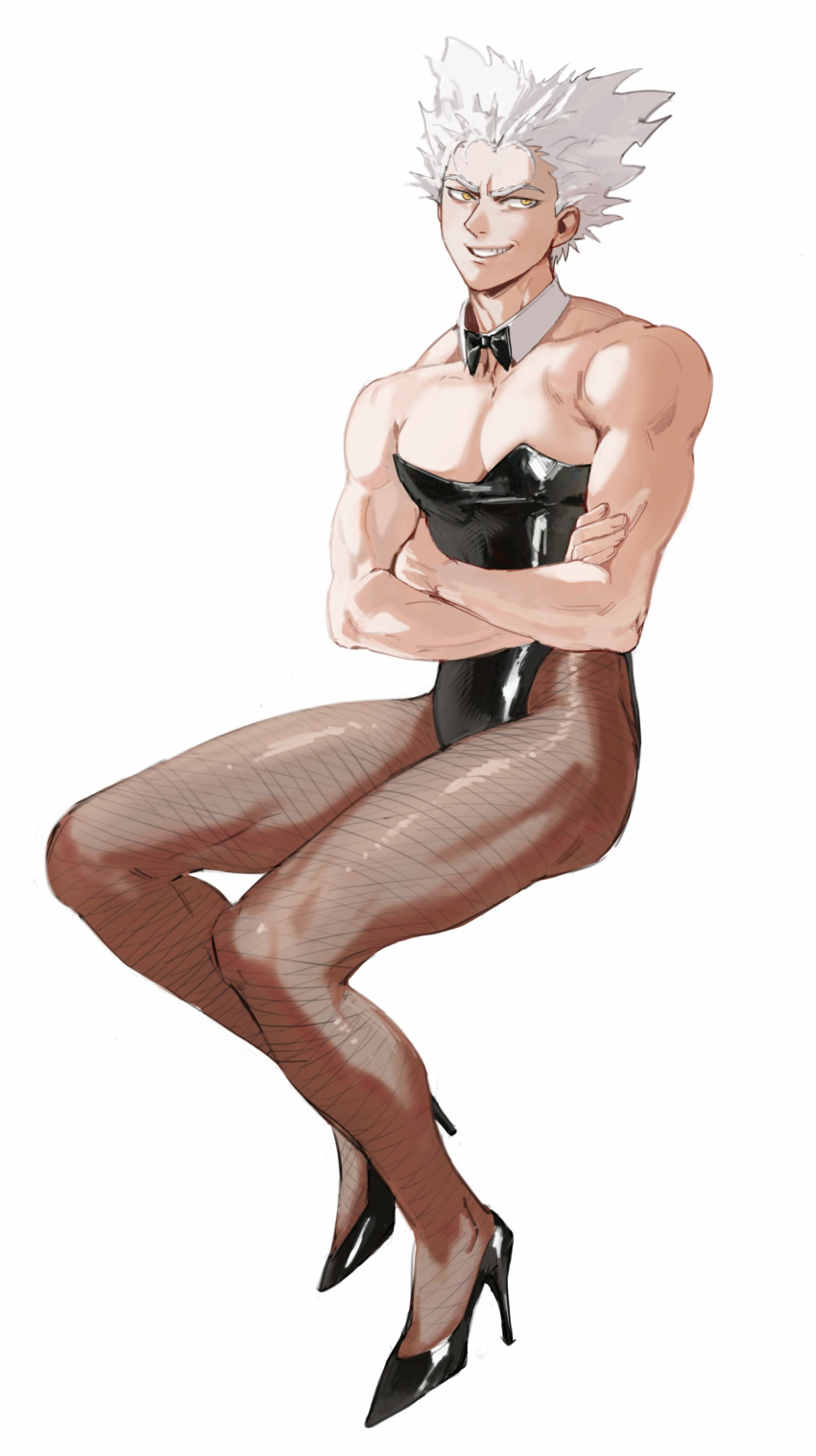 1boy absurdres alternate_costume bare_arms bare_shoulders black_footwear black_leotard bow bowtie collarbone crossdressinging crossed_arms detached_collar dudlesnoodles fishnet_legwear fishnets full_body garou_(one-punch_man) grey_hair grin high_heels highres invisible_chair leotard looking_at_viewer male_focus male_playboy_bunny muscular muscular_male one-punch_man pectorals pointy_hair simple_background sitting smile solo strapless strapless_leotard symbol_commentary tan tanlines teeth white_background yellow_eyes