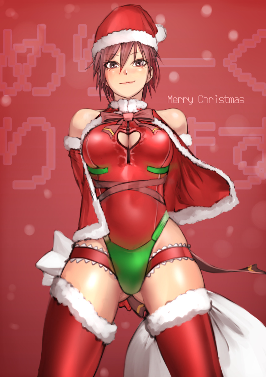1girl ass_visible_through_thighs bare_shoulders brown_eyes brown_hair christmas cleavage_cutout closed_mouth clothing_cutout cowboy_shot elbow_gloves fur-trimmed_headwear fur-trimmed_legwear fur_trim gloves hair_between_eyes hat heart_cutout highres holding holding_sack kilye_kairi leotard looking_at_viewer merry_christmas open_clothes open_vest original red_gloves red_legwear red_leotard red_theme red_vest sack santa_hat smile solo thigh-highs vest