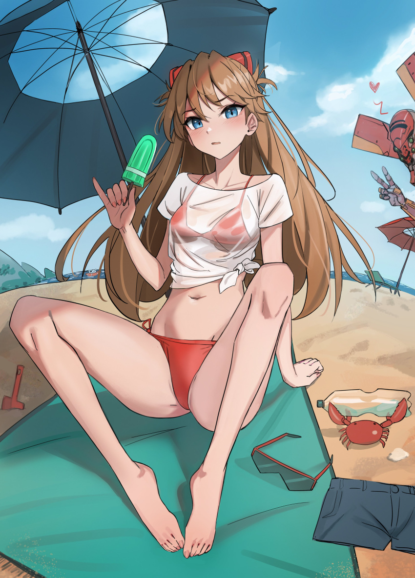 1girl absurdres beach bikini blue_eyes crab eva_02 eyewear_removed food hairpods highres interface_headset kiritzugu mecha navel neon_genesis_evangelion orange_hair popsicle red_bikini see-through souryuu_asuka_langley swimsuit tsundere v