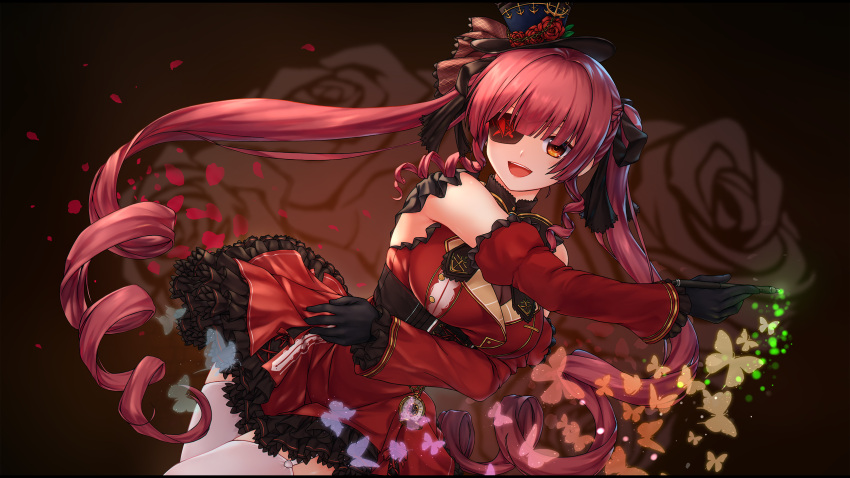 1girl black_gloves bow breasts bug butterfly chien_zero dutch_angle eyepatch frilled_skirt frills garter_straps gloves glowing_butterfly gothic_lolita hair_bow hair_ribbon hat heart highres hololive houshou_marine huge_filesize insect large_breasts letterboxed lolita_fashion long_hair mini_hat mini_top_hat pocket_watch red_eyes ribbon ringlets rose_background skirt solo thigh-highs top_hat twintails virtual_youtuber wand watch white_legwear zettai_ryouiki