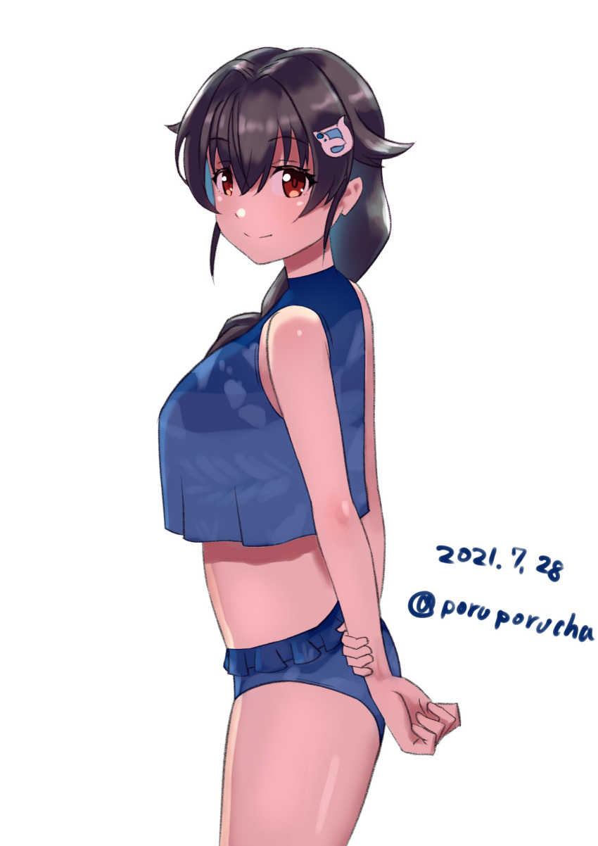 1girl arms_behind_back bangs bikini black_hair blue_bikini braid breasts dated eyebrows_visible_through_hair hair_flaps hair_ornament highres jingei_(kancolle) kantai_collection large_breasts long_hair looking_at_viewer one-hour_drawing_challenge porupurucha red_eyes simple_background single_braid smile solo swimsuit twitter_username white_background
