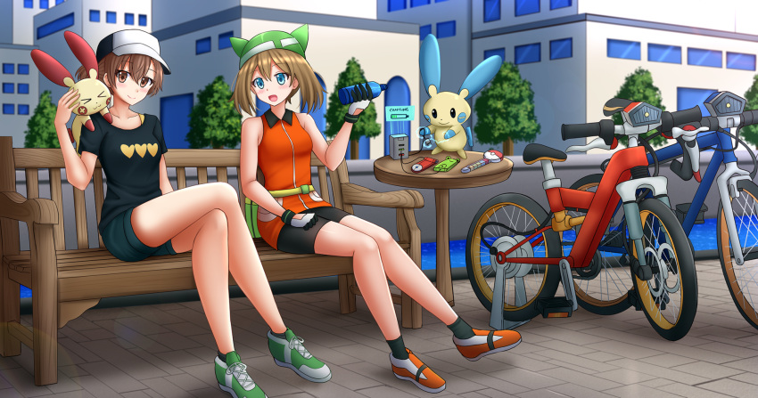 &gt;_&lt; 2girls :d bare_shoulders baseball_cap bench bicycle bike_shorts black_headwear black_shirt black_shorts blue_eyes blue_shorts blush bottle brown_eyes brown_hair building cellphone charger closed_eyes closed_mouth collarbone collared_shirt commentary commission crossover day electricity english_commentary flip_phone gen_3_pokemon gloves green_footwear green_headwear ground_vehicle hand_up hat heart highres holding holding_bottle kazenokaze may_(pokemon) minun misaka_mikoto multiple_girls on_bench open_mouth orange_footwear orange_shirt outdoors park_bench phone plusle pokemon pokemon_(creature) pokemon_(game) pokemon_emerald pokemon_rse ponytail shirt shoes short_shorts shorts sitting sitting_on_bench sleeveless sleeveless_shirt smile table toaru_kagaku_no_railgun toaru_majutsu_no_index water white_gloves