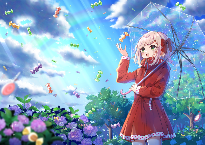 1girl :d bangs blue_flower blue_sky blurry blurry_foreground blush bow brown_hair candy clouds cloudy_sky coat commentary_request day depth_of_field eyebrows_visible_through_hair falling flower food green_eyes hair_bow hand_up holding holding_umbrella hydrangea light_rays lollipop long_sleeves looking_away looking_up mizuki_(lvo0x0ovl) open_mouth original outdoors pocket polka_dot purple_flower rainbow raincoat red_bow red_coat shiny shiny_hair short_hair sidelocks sky smile solo sparkle standing sunlight symbol_commentary transparent transparent_umbrella tree umbrella zipper zipper_pull_tab