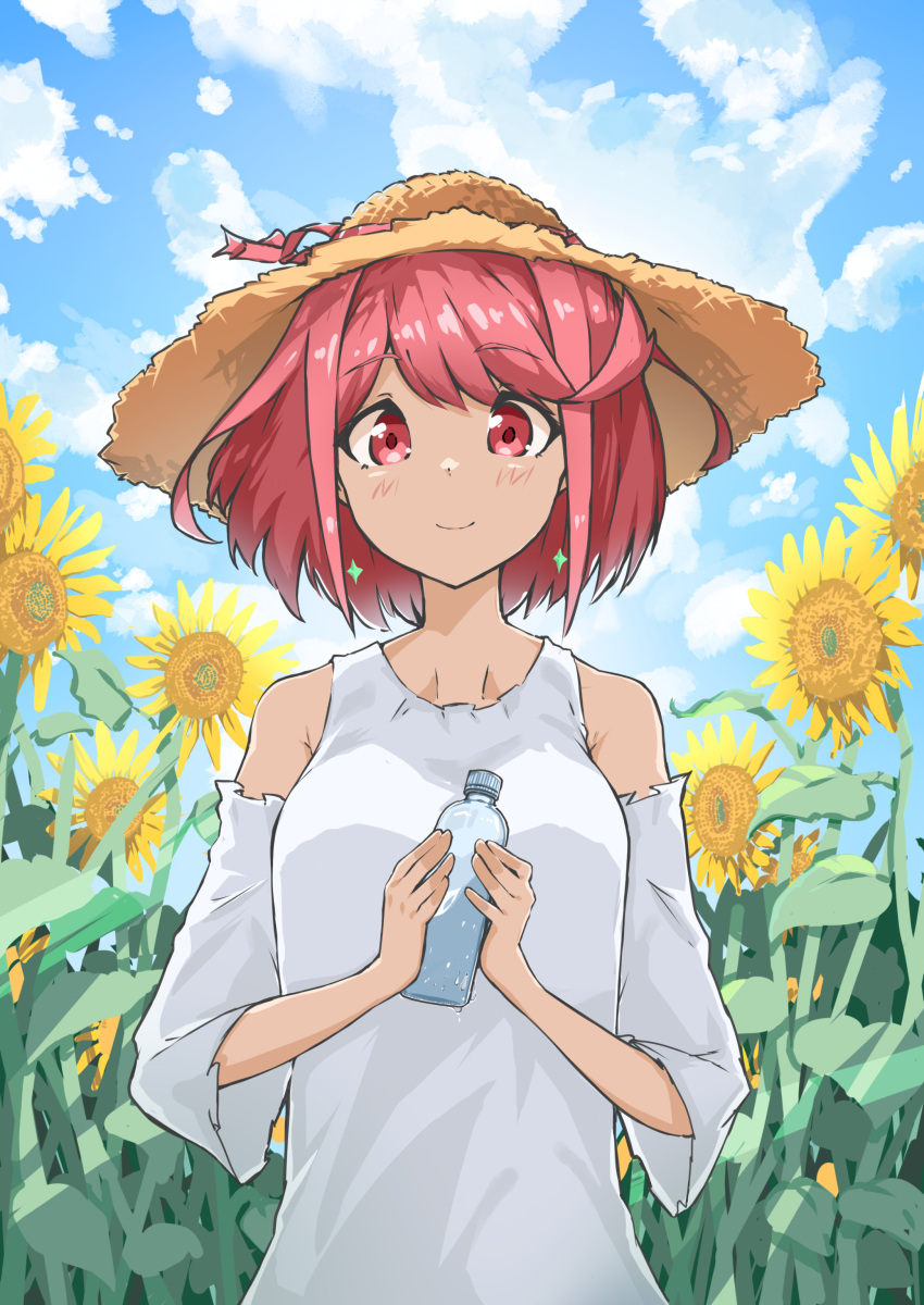 1girl absurdres alternate_costume aotsuba bangs bottle earrings field flower flower_field hat highres jewelry pyra_(xenoblade) red_eyes redhead short_hair solo sunflower swept_bangs water_bottle xenoblade_chronicles_(series) xenoblade_chronicles_2