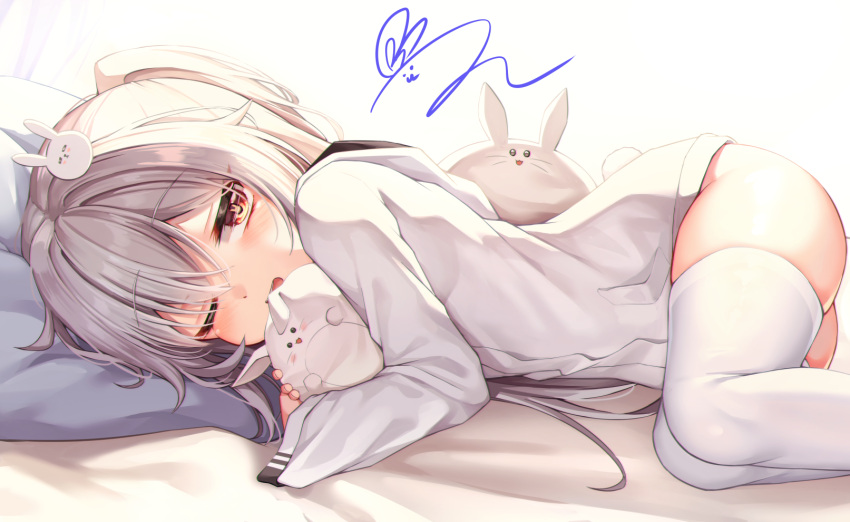 1girl bangs blush breasts bunny-shaped_pupils bunny_hair_ornament commentary_request doll_hug eyebrows_visible_through_hair feet_out_of_frame hair_between_eyes hair_ornament hands_up highres hood hood_down hoodie long_hair long_sleeves looking_at_viewer lying mannack on_bed on_side one_eye_closed open_mouth original pillow red_eyes solo stuffed_animal stuffed_bunny stuffed_toy white_hair white_hoodie white_legwear