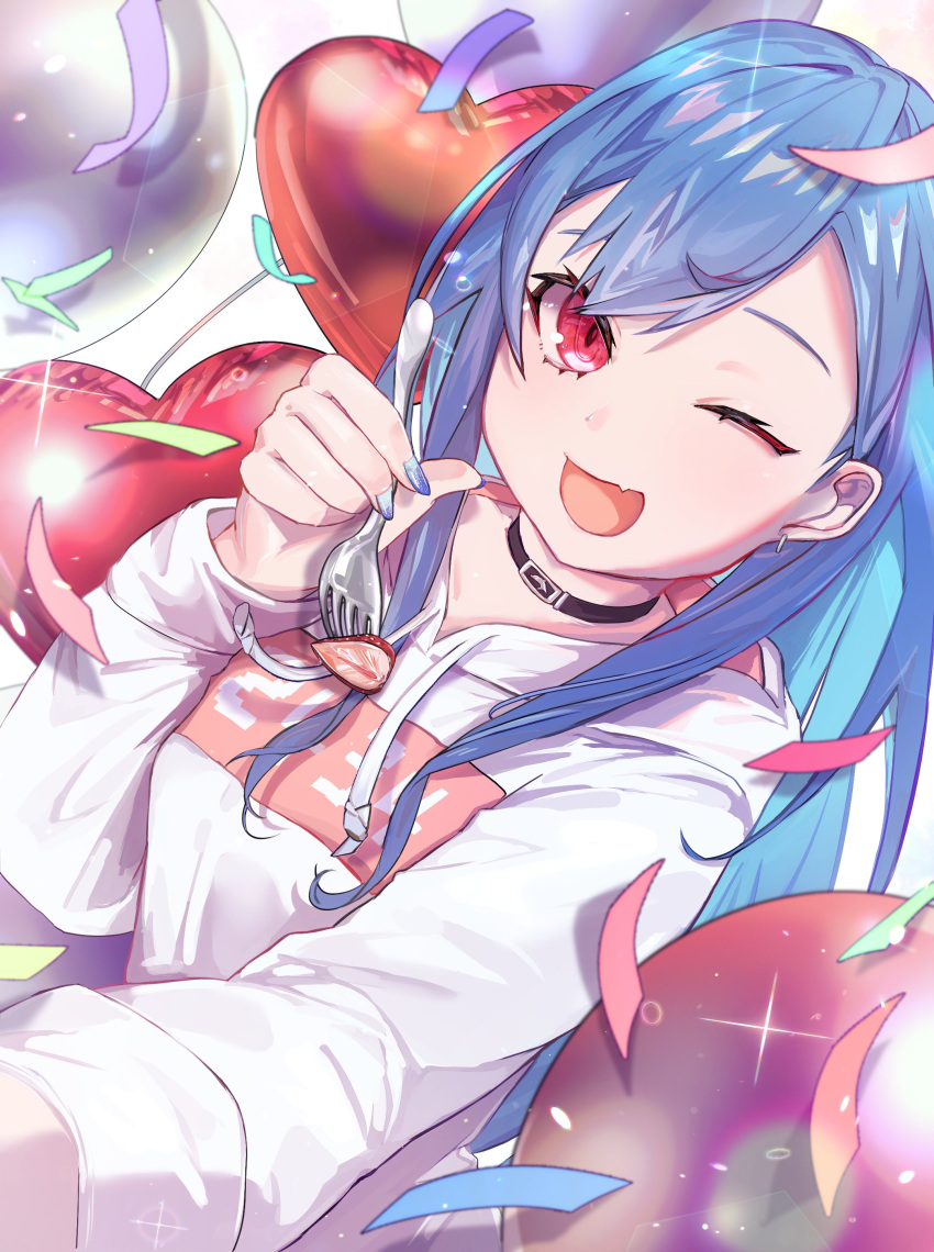 1girl absurdres balloon bangs black_choker blue_hair blue_nails breasts choker confetti fang fork hair_behind_ear heart_balloon highres holding holding_fork hood hoodie long_hair nijisanji nishizono_chigusa one_eye_closed rann_ou red_eyes skin_fang small_breasts smile solo virtual_youtuber white_background white_hoodie