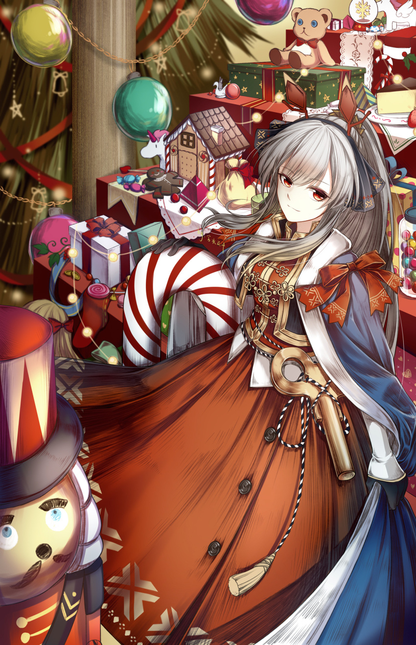 1girl arknights bangs blue_cape candy candy_cane cape christmas_ornaments christmas_tree commentary_request cowboy_shot dress feet_out_of_frame food from_side gift gingerbread_house gingerbread_man gloves highres holding long_hair looking_at_viewer miyamizu_reiha official_alternate_costume partial_commentary red_dress red_eyes silver_hair smile solo standing stuffed_animal stuffed_toy teddy_bear weedy_(arknights) weedy_(candy_cape)_(arknights)