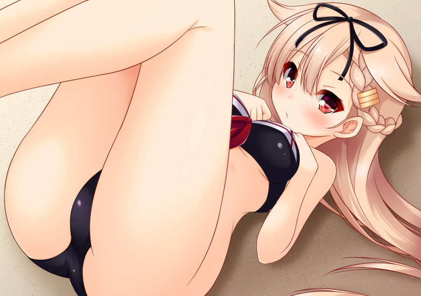 ass bikini black_bikini blonde_hair blush braid breasts hair_flaps hair_ornament hair_ribbon hands_on_own_breasts highres hinagiku-19 kantai_collection legs_together legs_up long_hair looking_at_viewer lying medium_breasts official_alternate_costume on_back red_eyes ribbon swimsuit thick_eyelashes thick_thighs thighs yuudachi_(kancolle)