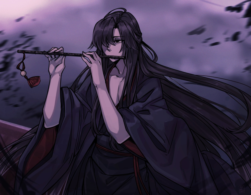 ayanobro bangs black_eyes black_hair boat chinese_clothes flute highres instrument long_hair mo_dao_zu_shi music playing_instrument solo water watercraft wide_sleeves wuxian_wei