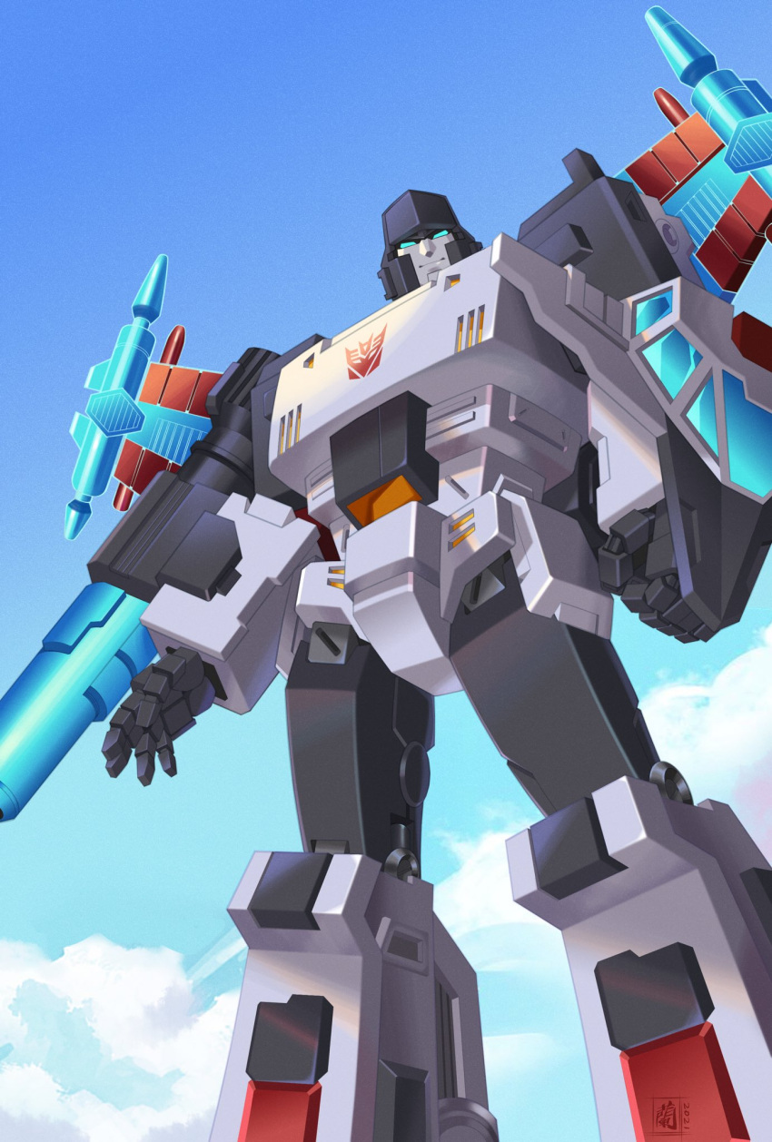 blue_eyes clenched_hand clouds decepticon highres insignia lantana0_0 looking_at_viewer mecha mechanical_wings megatron megatron_(shattered_glass) no_humans open_hand science_fiction sky smile solo transformers transformers_shattered_glass wings