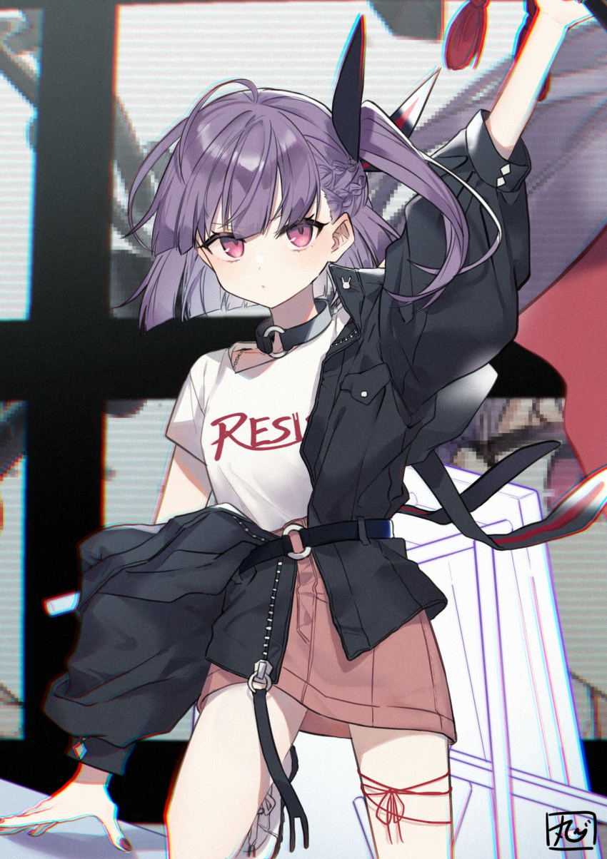 1girl arm_up bangs belt black_jacket braid chibirisu choker chromatic_aberration english_text foot_out_of_frame hair_ornament highres jacket jacket_partially_removed long_sleeves nail_polish one_side_up pink_skirt purple_hair red_eyes red_nails shirt shoes short_hair signature skirt solo tenjin_kotone tenjin_kotone_(channel) virtual_youtuber white_shirt