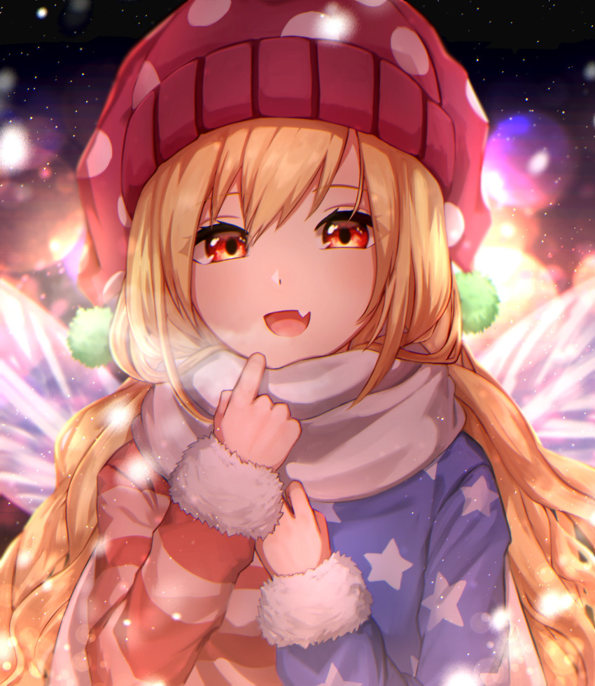 1girl absurdres bangs blonde_hair blue_coat blue_sleeves clownpiece coat eyebrows_visible_through_hair eyes_visible_through_hair fairy_wings hair_between_eyes hands_up hat highres light long_hair long_sleeves mozuno_(mozya_7) multicolored multicolored_background multicolored_clothes multicolored_coat night night_sky open_mouth pink_headwear polka_dot pom_pom_(clothes) red_coat red_eyes red_sleeves scarf shadow sky smile snow snowing solo star_(sky) star_(symbol) star_print starry_sky striped striped_coat touhou white_neckwear white_scarf wings