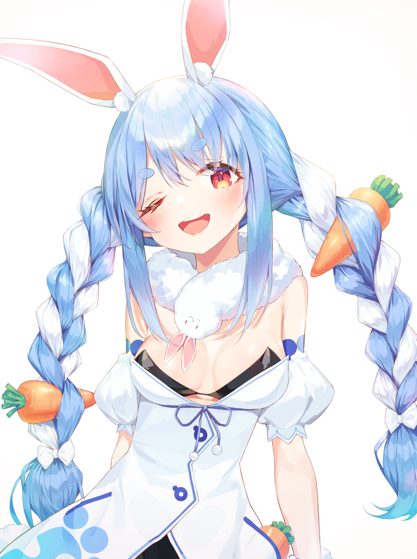 1girl ;d absurdres animal_ears blue_hair braid breasts carrot_hair_ornament commentary_request don-chan_(usada_pekora) eyebrows_visible_through_hair food-themed_hair_ornament fur_scarf hair_ornament highres hololive long_hair looking_at_viewer medium_breasts multicolored_hair munseonghwa one_eye_closed open_mouth rabbit_ears red_eyes simple_background smile solo teeth thick_eyebrows twin_braids two-tone_hair upper_teeth usada_pekora virtual_youtuber white_background white_hair