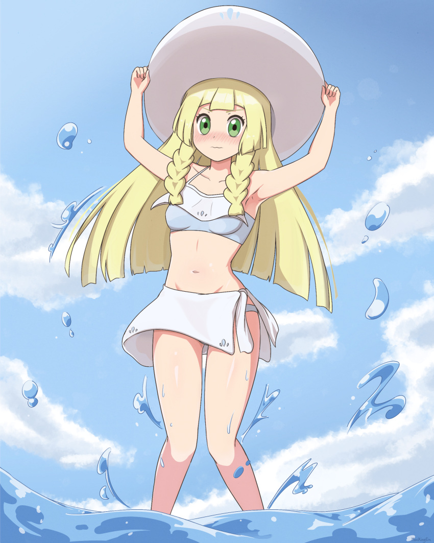 1girl absurdres arms_up bangs bikini bikini_bottom blonde_hair blunt_bangs blush braid breasts closed_mouth clouds collarbone commentary_request day eyelashes from_below green_eyes hands_on_headwear hat highres lillie_(pokemon) long_hair looking_at_viewer mockingeu navel outdoors pokemon pokemon_(game) pokemon_sm shiny shiny_skin skirt sky solo sun_hat swimsuit twin_braids wading water water_drop wavy_mouth white_headwear white_skirt