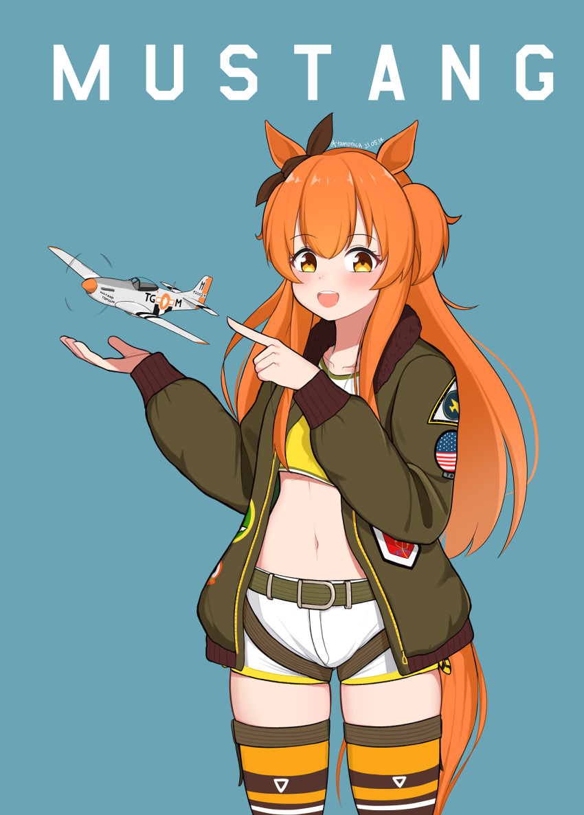 1girl aircraft airplane american_flag animal_ears artist_name atamonica blush dated highres horse_ears horse_girl looking_at_viewer mayano_top_gun_(umamusume) military navel open_mouth orange_hair p-51_mustang pointing shorts tail thigh-highs twintails two_side_up umamusume