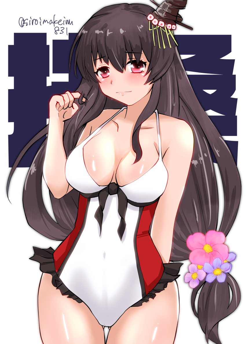 1girl absurdres ass_visible_through_thighs bare_shoulders blush breasts breasts_apart embarrassed flower fusou_(kancolle) hair_between_eyes hair_flower hair_ornament hair_twirling highres kantai_collection kitahama_(siroimakeinu831) long_hair looking_at_viewer low-tied_long_hair medium_breasts official_alternate_costume one-piece_swimsuit red_swimsuit solo swimsuit thigh_gap thighs twitter_username two-tone_swimsuit very_long_hair white_background white_swimsuit