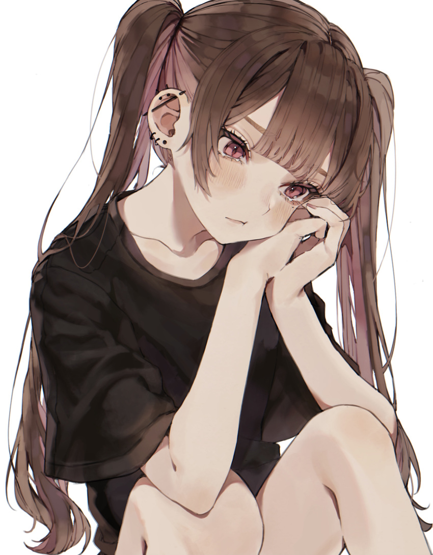 1girl absurdres bangs blush brown_hair commentary_request daluto_(hitomi555) ear_piercing highres long_hair original piercing simple_background solo twintails violet_eyes white_background