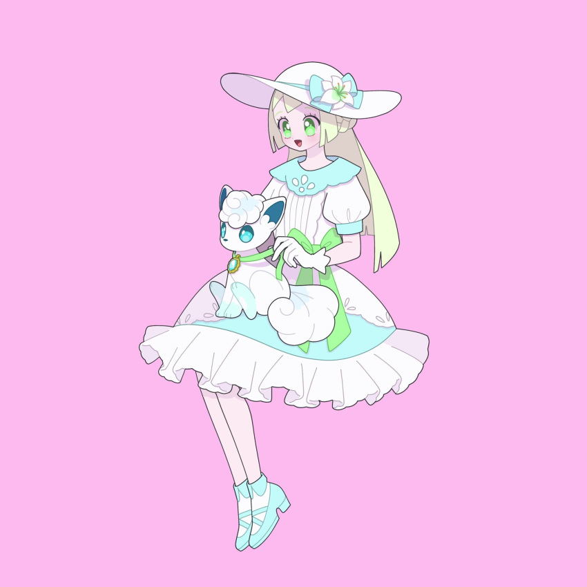 1girl :d adapted_costume alolan_form alolan_vulpix blush bow commentary_request dress eyelashes flower gen_7_pokemon gloves green_bow green_eyes hat hat_flower hat_ribbon highres holding lillie_(pokemon) nyaasechan on_lap open_mouth pink_background pokemon pokemon_(anime) pokemon_(creature) pokemon_on_lap pokemon_sm_(anime) ribbon shoes short_sleeves simple_background smile socks tongue white_dress white_flower white_gloves white_headwear white_legwear