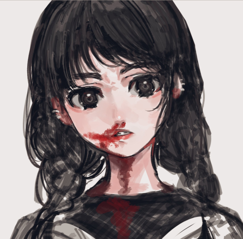 1girl black_eyes black_hair blood blood_on_clothes blood_on_face earrings face grey_background highres jewelry long_hair maido_mido nosebleed original parted_lips red_lips simple_background sketch smeared_blood solo teeth twintails upper_body