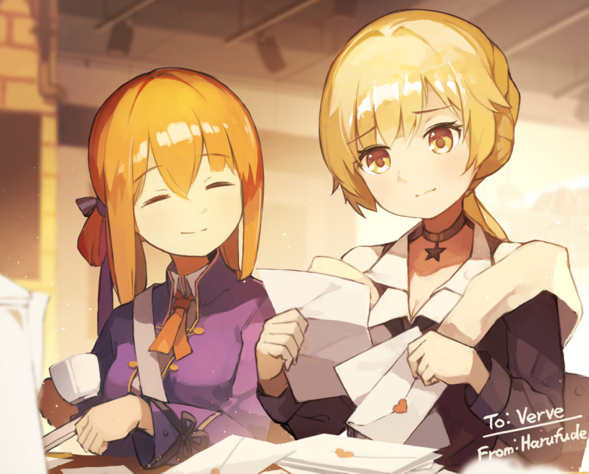 2girls blonde_hair choker closed_eyes coffee_pot commentary_request commission cup envelope eyebrows_visible_through_hair girls_frontline holding holding_cup holding_letter indoors jacket letter long_hair long_sleeves love_letter multiple_girls off_shoulder orange_hair ots-14_(girls_frontline) ponytail sidelocks skeb_commission smile springfield_(girls_frontline) suginakara_(user_ehfp8355) upper_body yellow_eyes