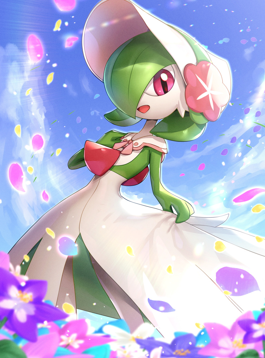 absurdres alternate_costume blue_sky bonnet colored_skin dress flower gardevoir gen_3_pokemon gonzarez green_hair hand_on_own_chest highres holding holding_clothes holding_dress looking_at_viewer no_humans open_mouth petals pokemon_unite red_eyes sky slit_pupils white_skin