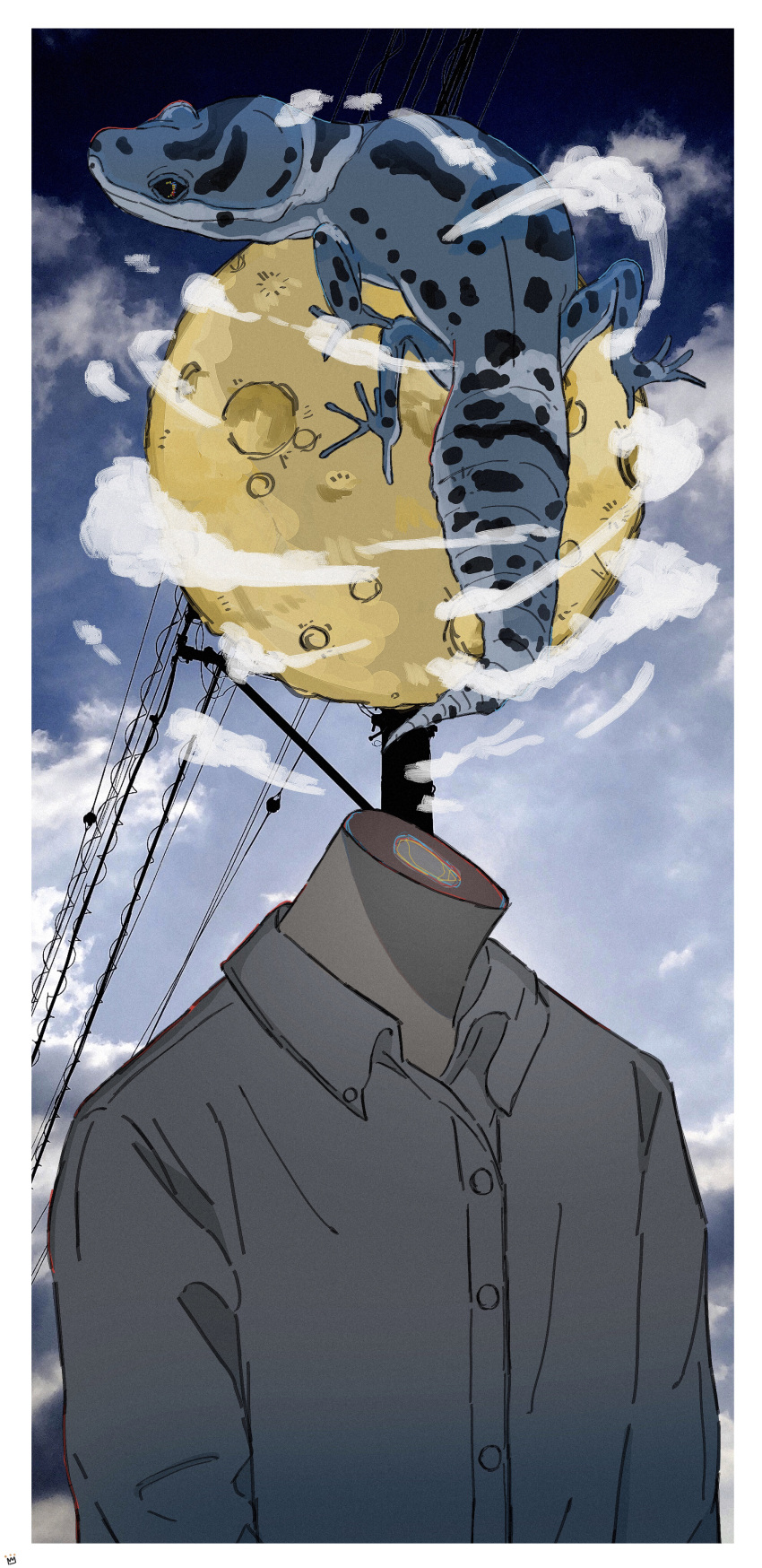 1other absurdres ambiguous_gender clouds cloudy_sky collared_shirt commentary highres ikura_donburi_(mmom_x) lizard moon original power_lines severed_head shirt sky surreal upper_body white_shirt