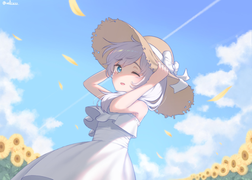 1girl :o bangs bare_shoulders blue_eyes blue_sky clouds cloudy_sky dress flower hair_between_eyes hat highres holding holding_clothes holding_hat honkai_(series) honkai_impact_3rd looking_at_viewer one_eye_closed open_mouth petals side_ponytail sky solo straw_hat sundress sunflower sunglasses theresa_apocalypse velcozz white_dress white_hair