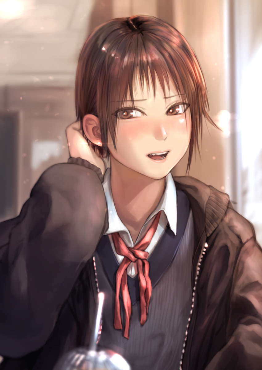 1girl arm_behind_head blurry blurry_background blush brown_hair brown_jacket collared_shirt depth_of_field embarrassed grey_vest hair_tucking hand_up highres jacket kilye_kairi long_sleeves looking_at_viewer neck_ribbon open_clothes open_jacket original red_neckwear red_ribbon ribbon school_uniform shirt short_hair smile solo upper_body vest white_shirt wing_collar